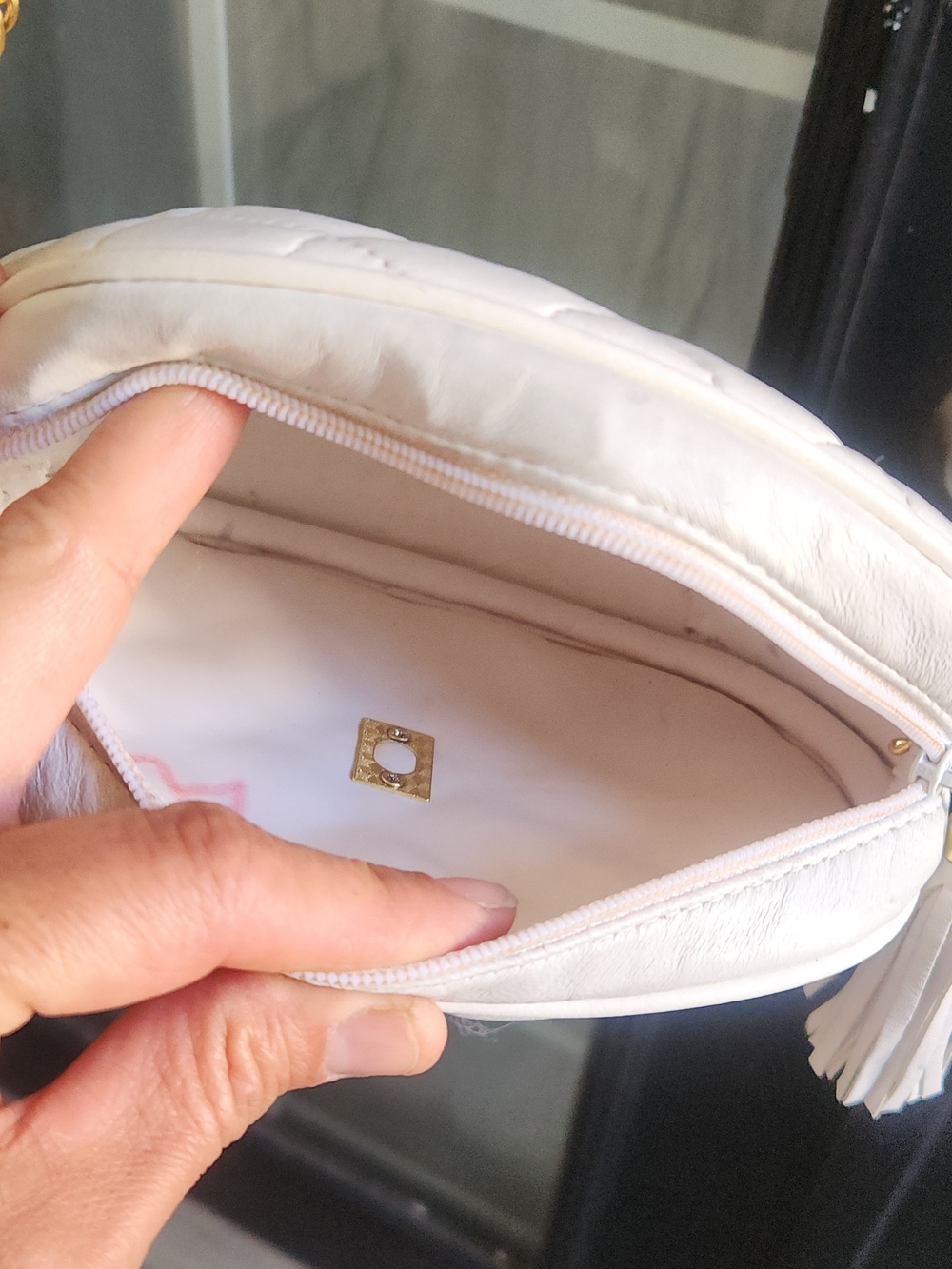 White Quilted Camera Bag with Gold Chain - Picture 3 of 10